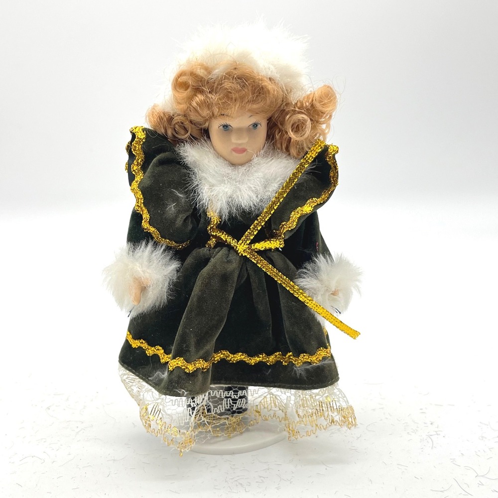 Vintage Porcelain Doll 6 Inch Green Velvet Gold Trim Faux‎ Fur Winter Outfit